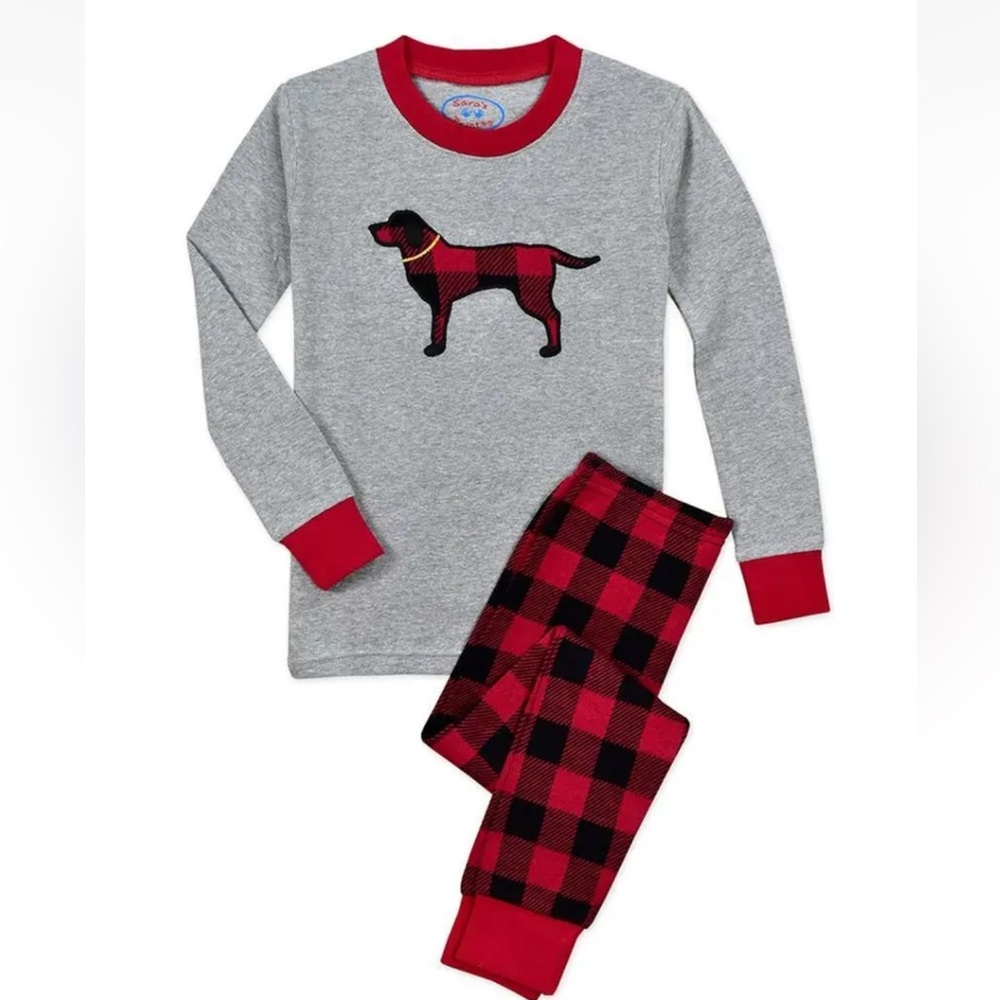 Sara's Prints Boys Christmas Pajamas with Buffalo Check Print and Dog Applique